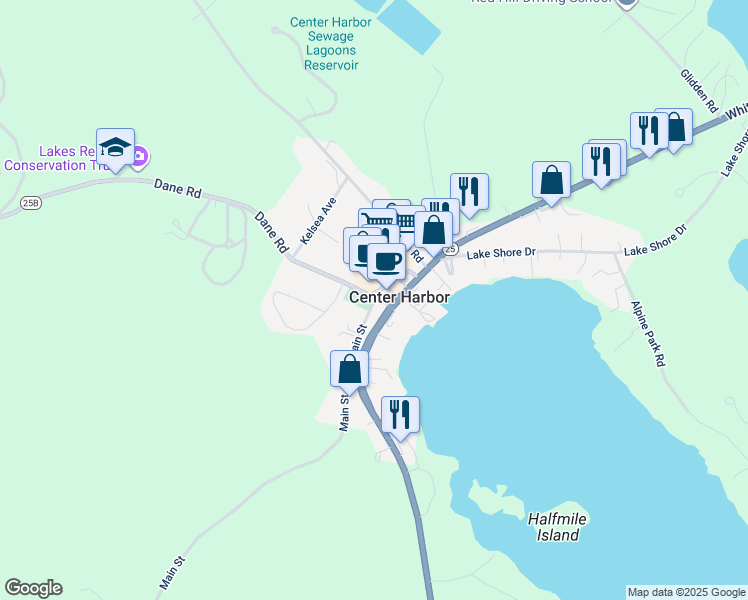 map of restaurants, bars, coffee shops, grocery stores, and more near Main St & Plymouth St in Center Harbor