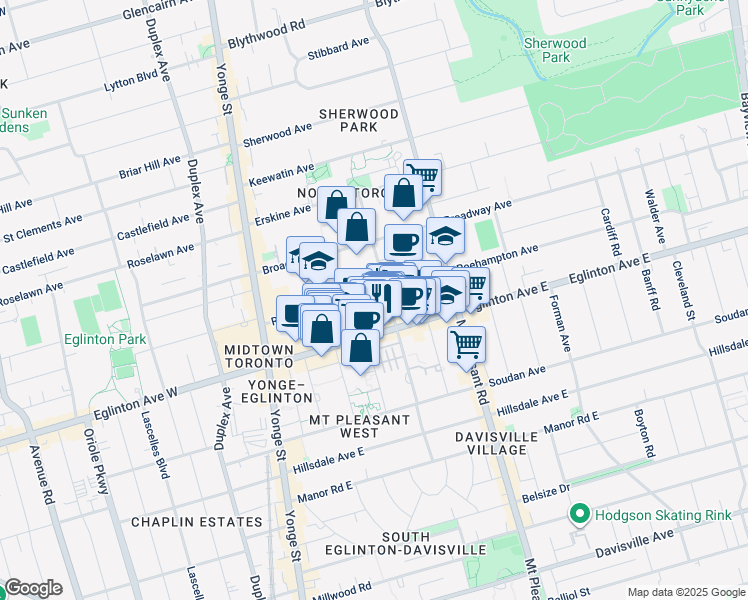 map of restaurants, bars, coffee shops, grocery stores, and more near 161 Roehampton Avenue in Toronto