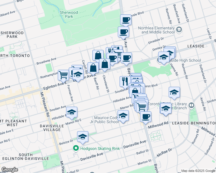map of restaurants, bars, coffee shops, grocery stores, and more near 341 Cleveland Street in Toronto