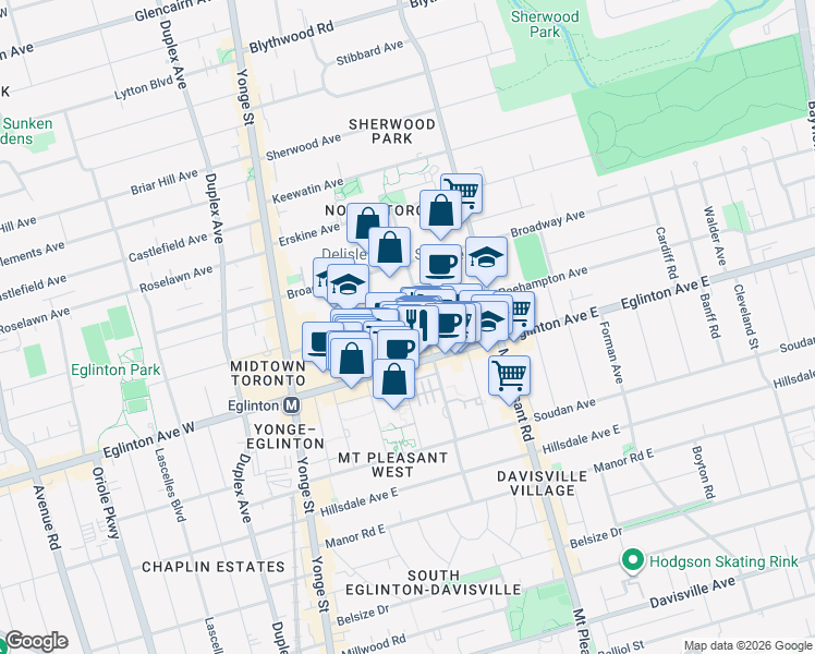 map of restaurants, bars, coffee shops, grocery stores, and more near in Toronto