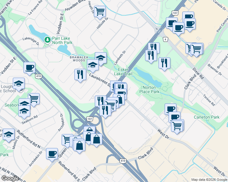 map of restaurants, bars, coffee shops, grocery stores, and more near Queen Street East in Brampton