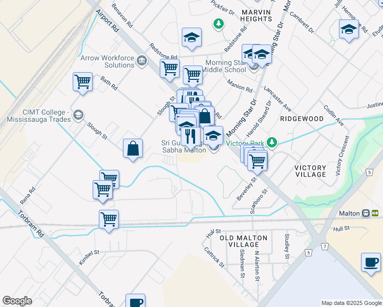 map of restaurants, bars, coffee shops, grocery stores, and more near 141-2960 Drew Road in Mississauga