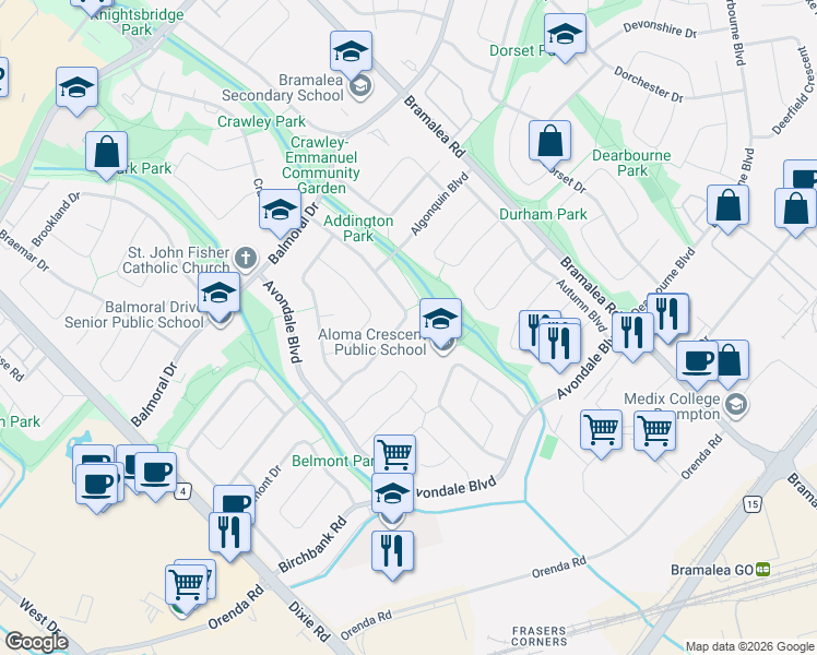 map of restaurants, bars, coffee shops, grocery stores, and more near 71 Addington Crescent in Brampton