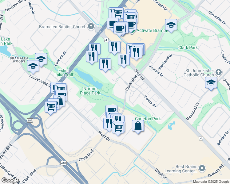 map of restaurants, bars, coffee shops, grocery stores, and more near 188 Clark Boulevard in Brampton