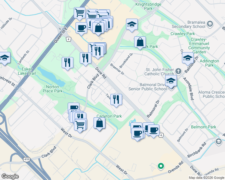 map of restaurants, bars, coffee shops, grocery stores, and more near 12 Sandringham Court in Brampton