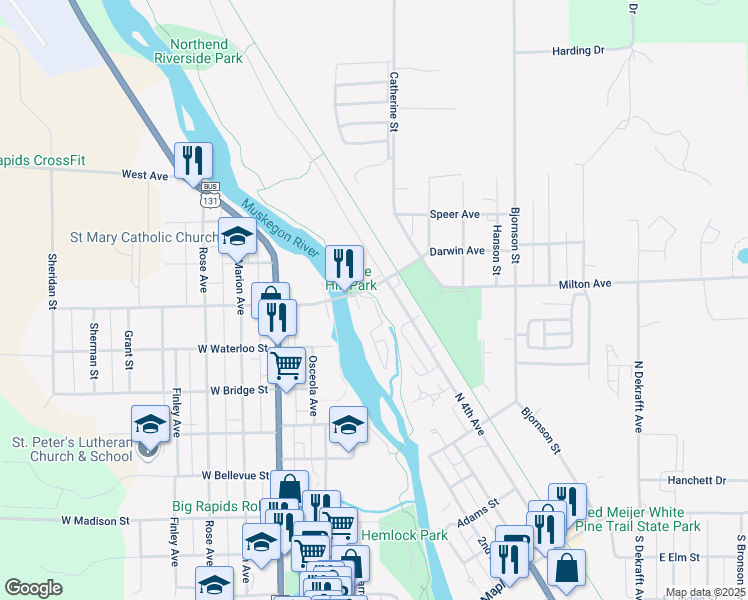 map of restaurants, bars, coffee shops, grocery stores, and more near 230 Baldwin Street in Big Rapids