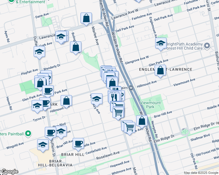 map of restaurants, bars, coffee shops, grocery stores, and more near 831 Glencairn Avenue in Toronto