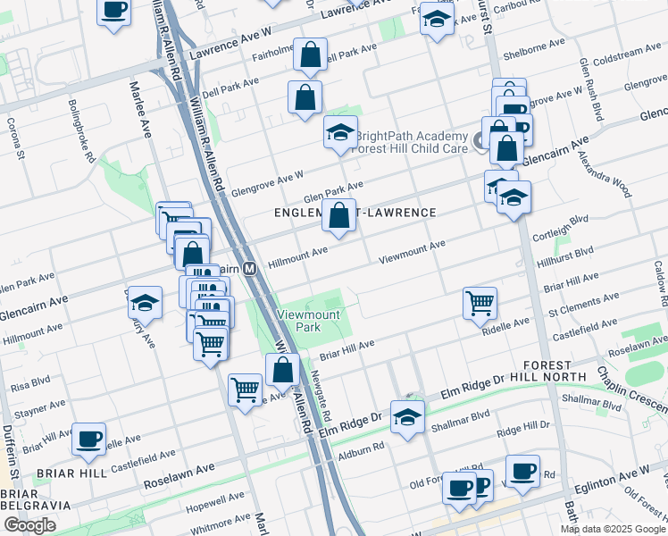 map of restaurants, bars, coffee shops, grocery stores, and more near 150 Viewmount Avenue in Toronto