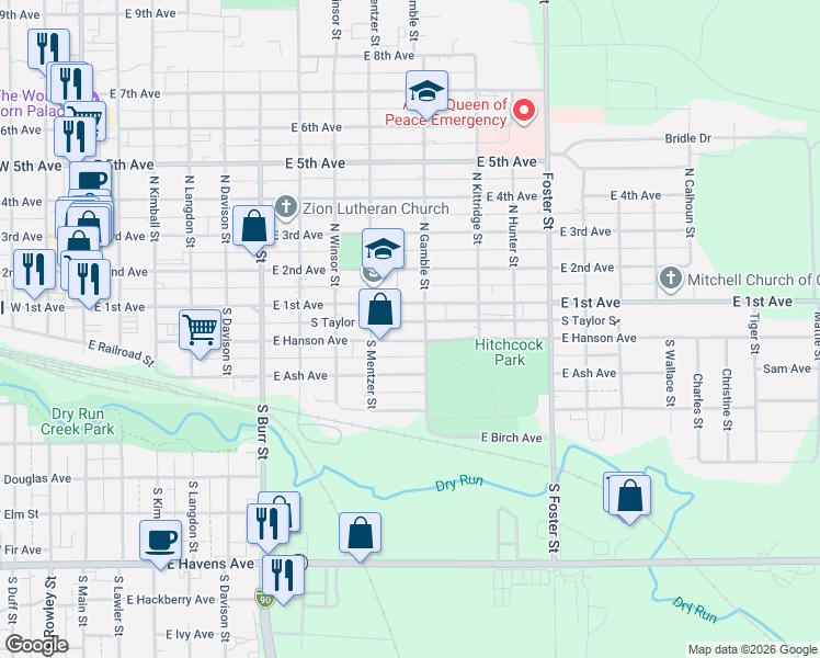 map of restaurants, bars, coffee shops, grocery stores, and more near 912-924 East Hanson Street in Mitchell