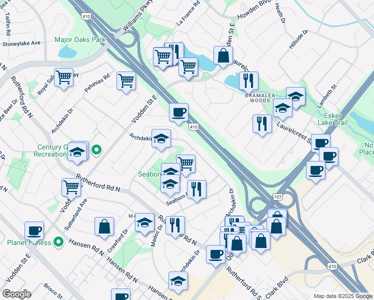 map of restaurants, bars, coffee shops, grocery stores, and more near 4 Barkwood Court in Brampton