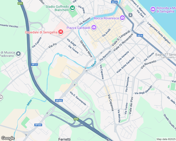 map of restaurants, bars, coffee shops, grocery stores, and more near 37 Viale Giordano Bruno in Senigallia