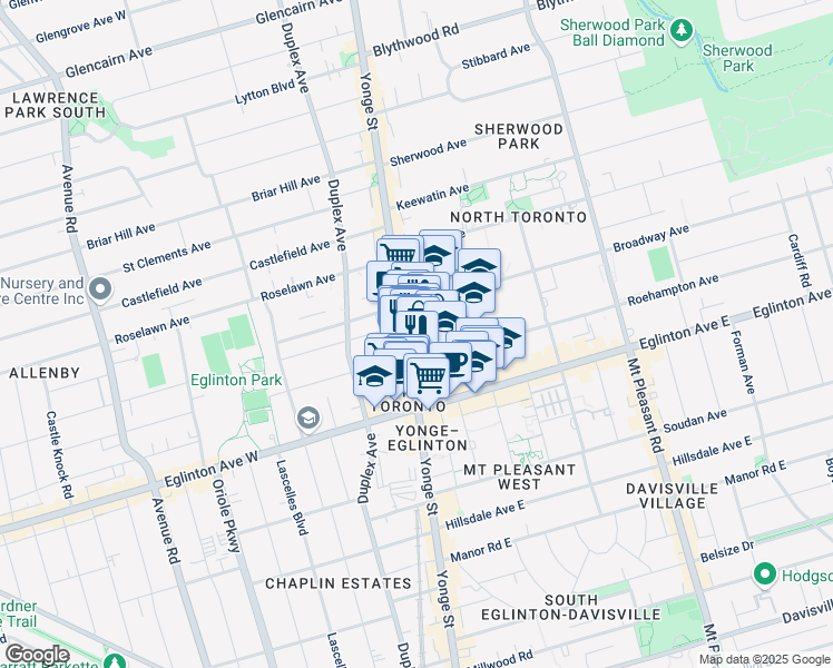 map of restaurants, bars, coffee shops, grocery stores, and more near 30 Roehampton Avenue in Toronto