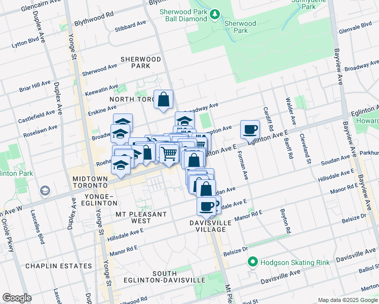 map of restaurants, bars, coffee shops, grocery stores, and more near 801 Mt Pleasant Rd in Toronto