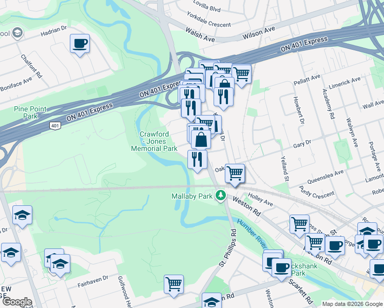 map of restaurants, bars, coffee shops, grocery stores, and more near 8 Fairglen Crescent in Toronto
