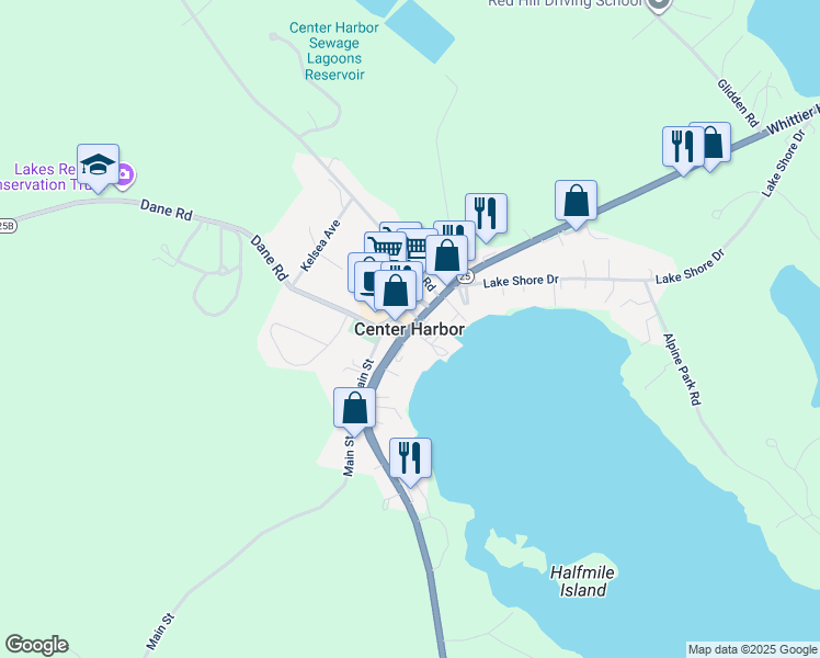 map of restaurants, bars, coffee shops, grocery stores, and more near in Center Harbor
