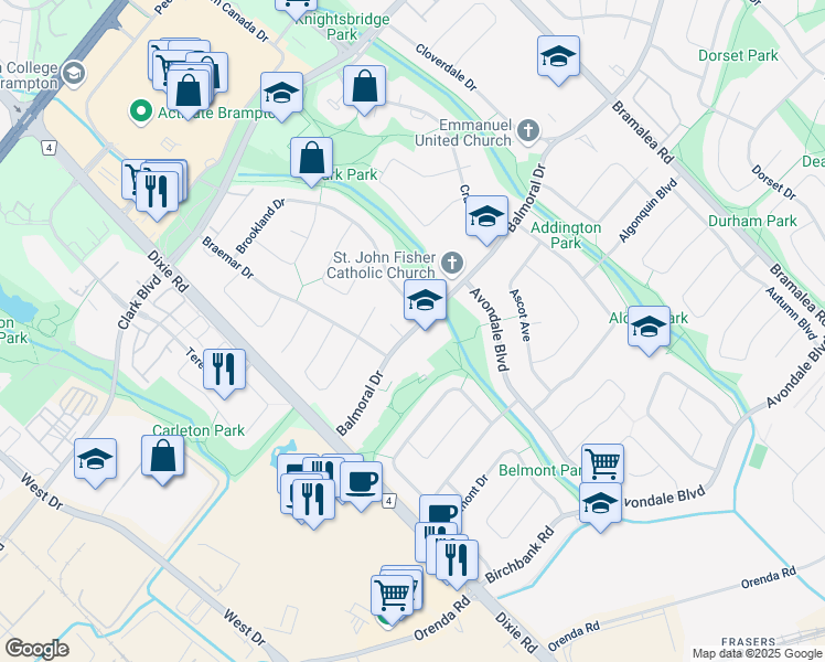 map of restaurants, bars, coffee shops, grocery stores, and more near 151 Balmoral Drive in Brampton
