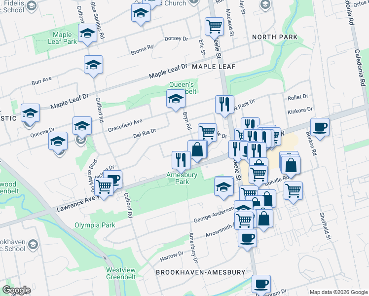 map of restaurants, bars, coffee shops, grocery stores, and more near 24 Battersea Crescent in Toronto