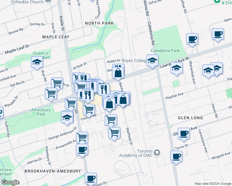 map of restaurants, bars, coffee shops, grocery stores, and more near 16 Benton Road in Toronto