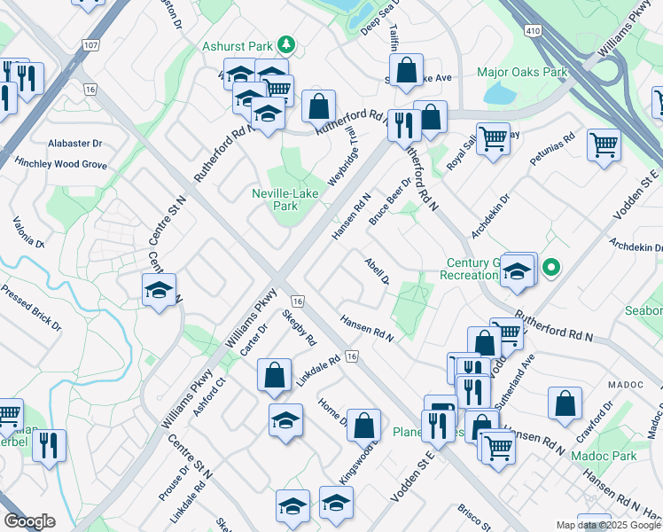 map of restaurants, bars, coffee shops, grocery stores, and more near 126 Abell Drive in Brampton