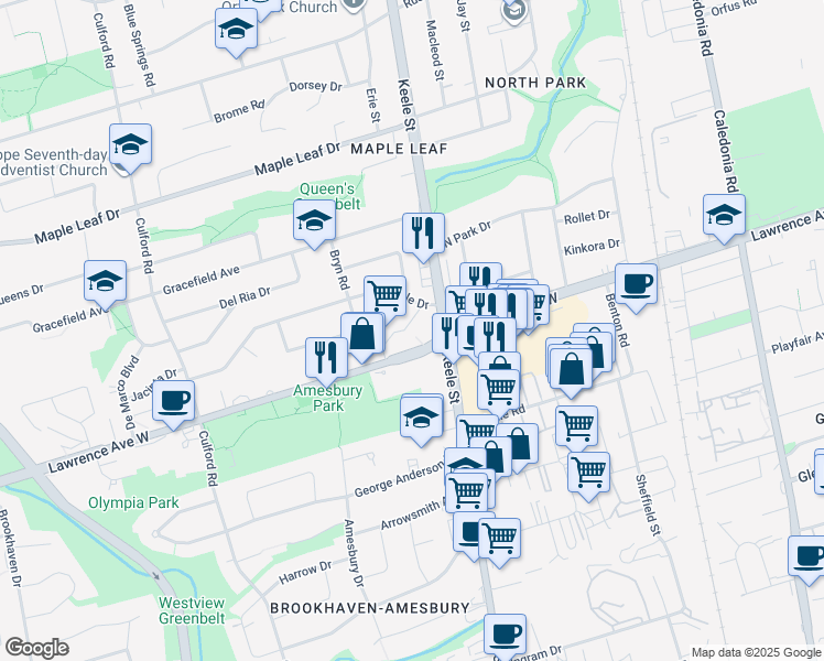 map of restaurants, bars, coffee shops, grocery stores, and more near in Toronto