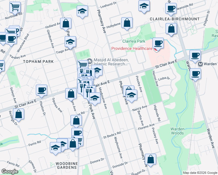 map of restaurants, bars, coffee shops, grocery stores, and more near 151 Westbourne Avenue in Toronto