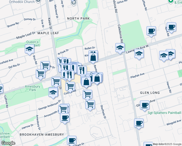 map of restaurants, bars, coffee shops, grocery stores, and more near 16 Benton Road in Toronto