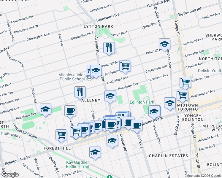 map of restaurants, bars, coffee shops, grocery stores, and more near 346 Roselawn Avenue in Toronto