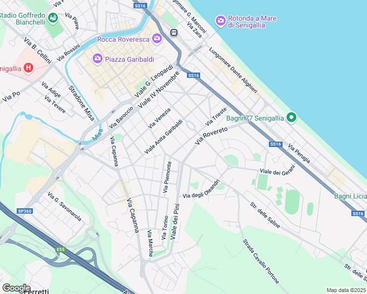 map of restaurants, bars, coffee shops, grocery stores, and more near 77-78 Via Trieste in Senigallia
