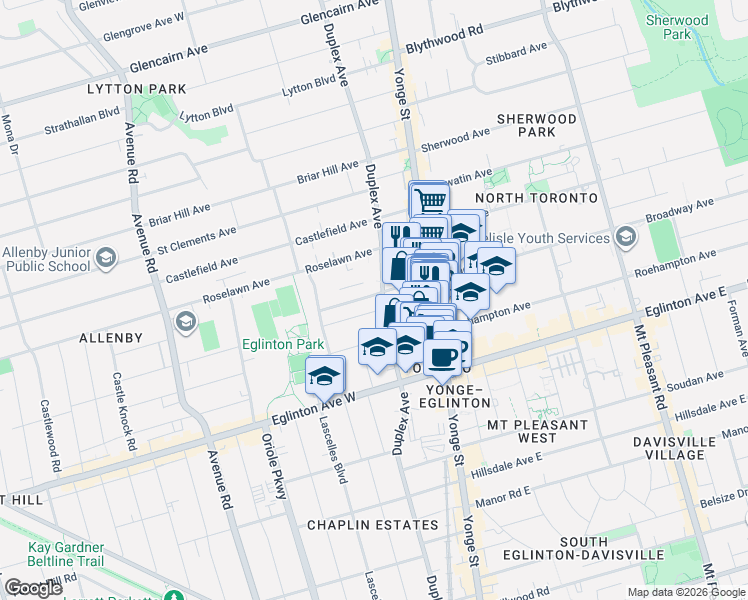 map of restaurants, bars, coffee shops, grocery stores, and more near 77 Montgomery Avenue in Toronto