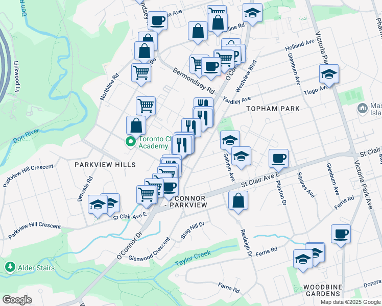 map of restaurants, bars, coffee shops, grocery stores, and more near 993 O'Connor Drive in Toronto