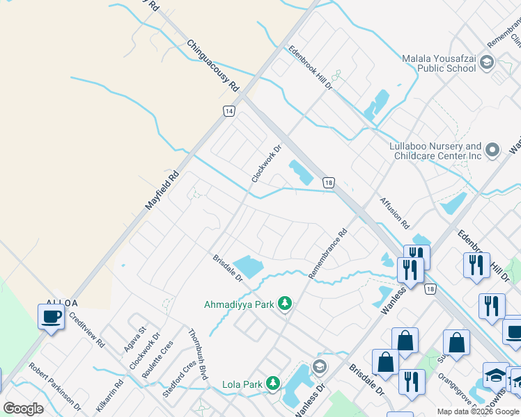 map of restaurants, bars, coffee shops, grocery stores, and more near 66 Action Drive in Brampton