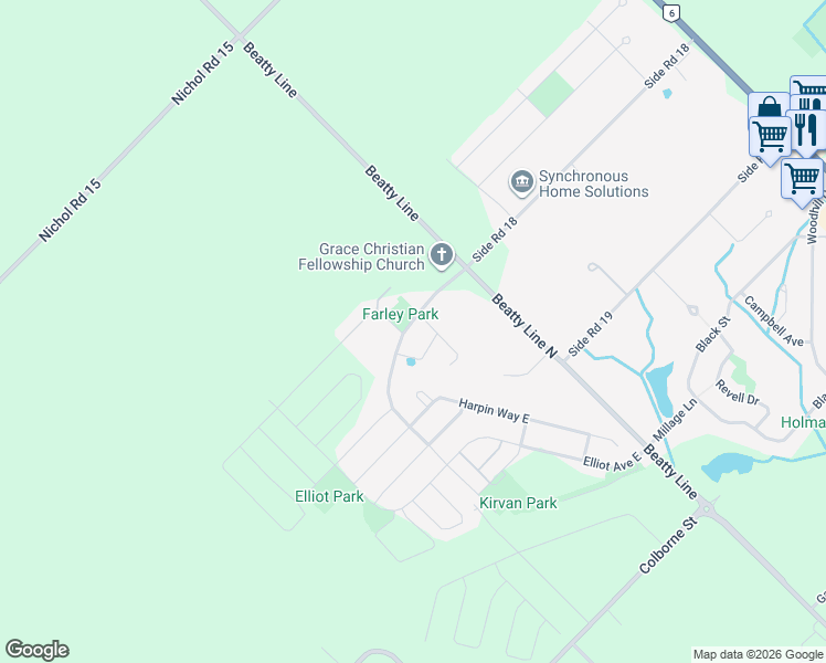 map of restaurants, bars, coffee shops, grocery stores, and more near 6558 Beatty Line North in Fergus