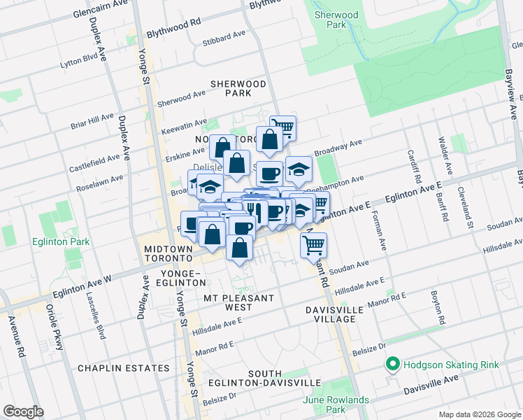 map of restaurants, bars, coffee shops, grocery stores, and more near 185 Roehampton Avenue in Toronto