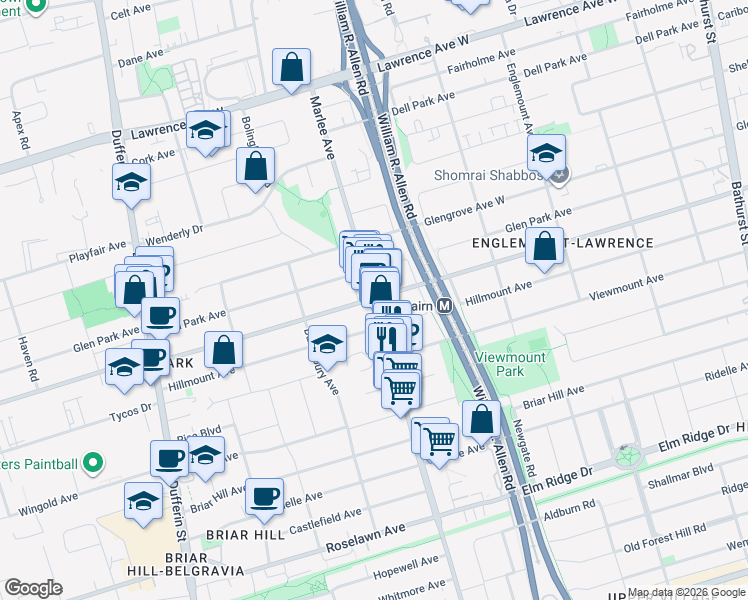 map of restaurants, bars, coffee shops, grocery stores, and more near Glencairn Ave & Marlee Ave in Toronto