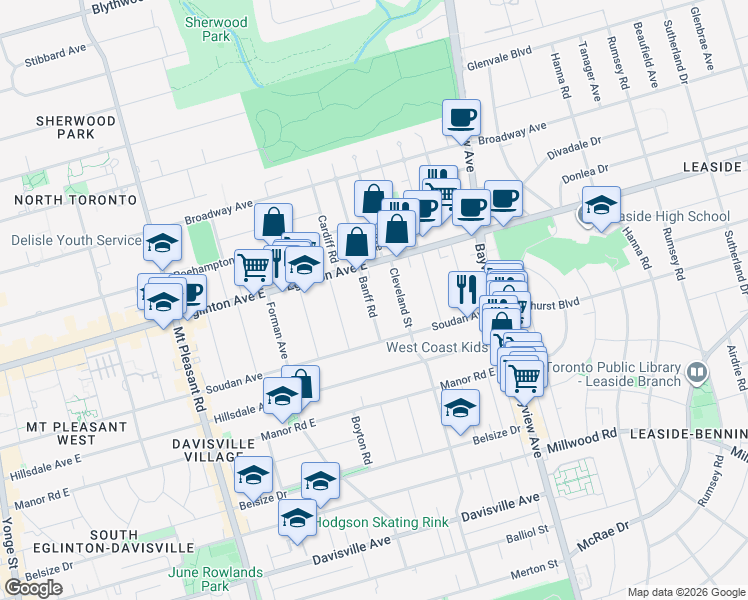 map of restaurants, bars, coffee shops, grocery stores, and more near in Toronto