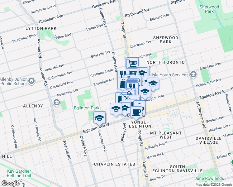 map of restaurants, bars, coffee shops, grocery stores, and more near 77 Montgomery Avenue in Toronto
