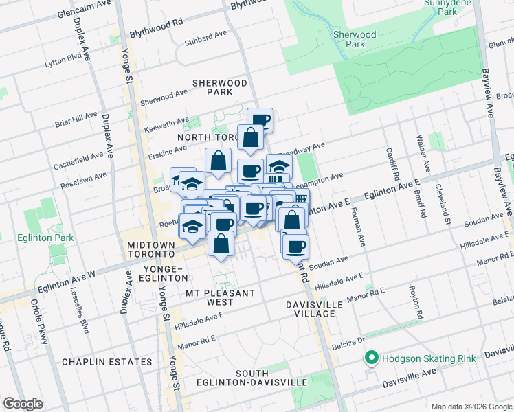 map of restaurants, bars, coffee shops, grocery stores, and more near in Toronto