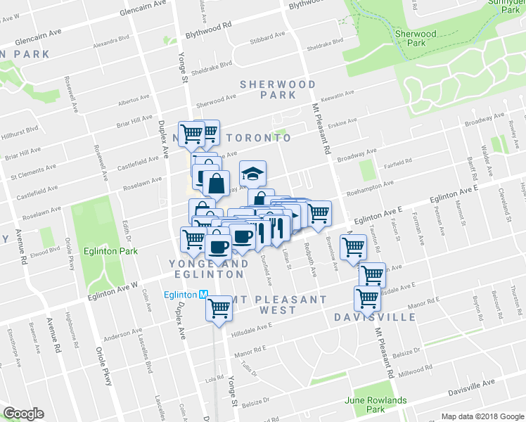 map of restaurants, bars, coffee shops, grocery stores, and more near in Toronto