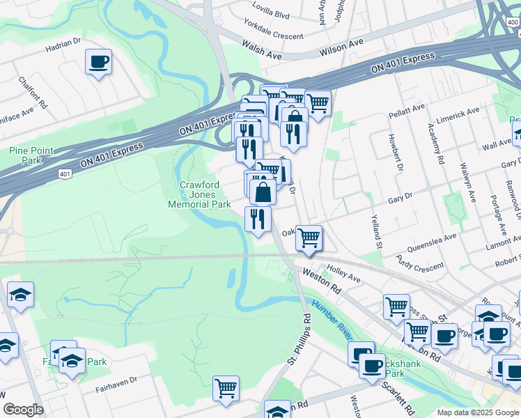 map of restaurants, bars, coffee shops, grocery stores, and more near in Toronto