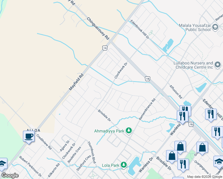 map of restaurants, bars, coffee shops, grocery stores, and more near 4 Clunburry Road in Brampton