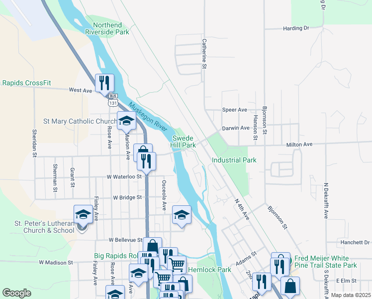 map of restaurants, bars, coffee shops, grocery stores, and more near 230 Baldwin Street in Big Rapids