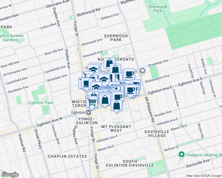 map of restaurants, bars, coffee shops, grocery stores, and more near 100 Roehampton Avenue in Toronto