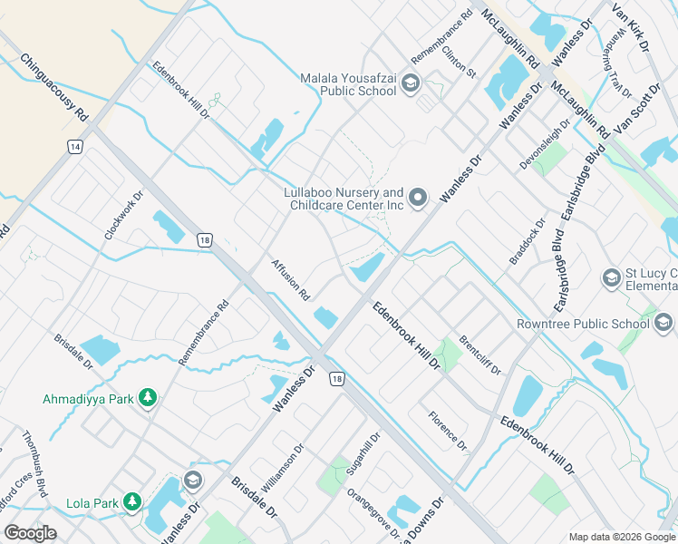 map of restaurants, bars, coffee shops, grocery stores, and more near 37 Affusion Road in Brampton