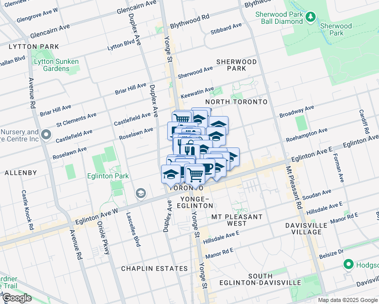 map of restaurants, bars, coffee shops, grocery stores, and more near 2329 Yonge Street in Toronto
