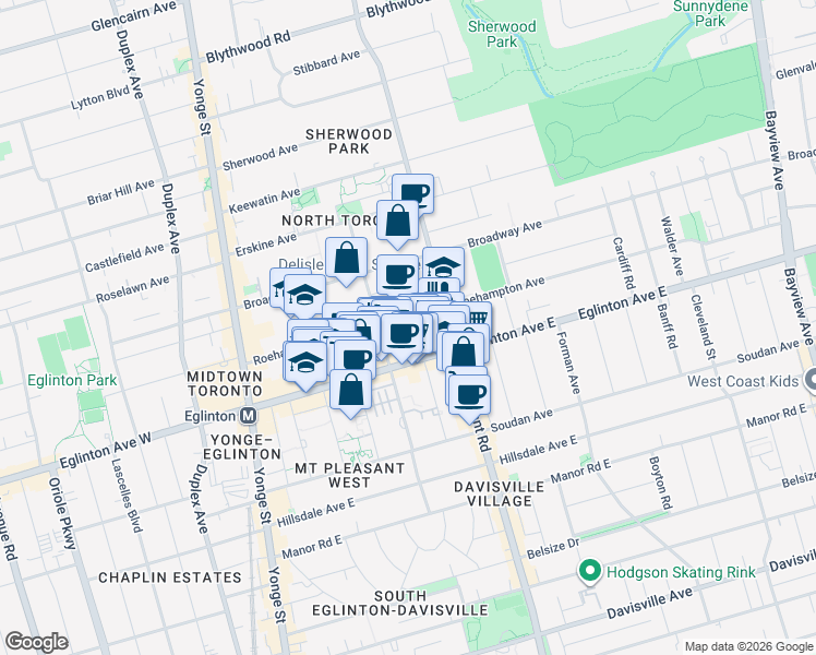 map of restaurants, bars, coffee shops, grocery stores, and more near 199 Roehampton Avenue in Toronto