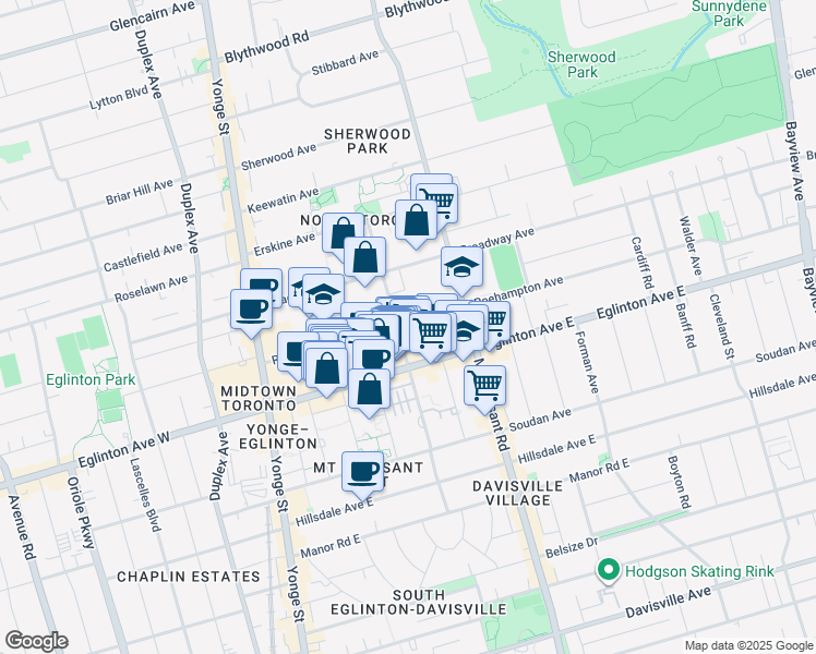 map of restaurants, bars, coffee shops, grocery stores, and more near 185 Roehampton Avenue in Toronto