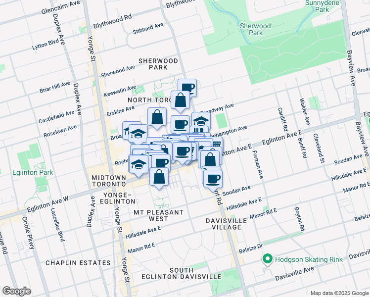 map of restaurants, bars, coffee shops, grocery stores, and more near 199 Roehampton Avenue in Toronto