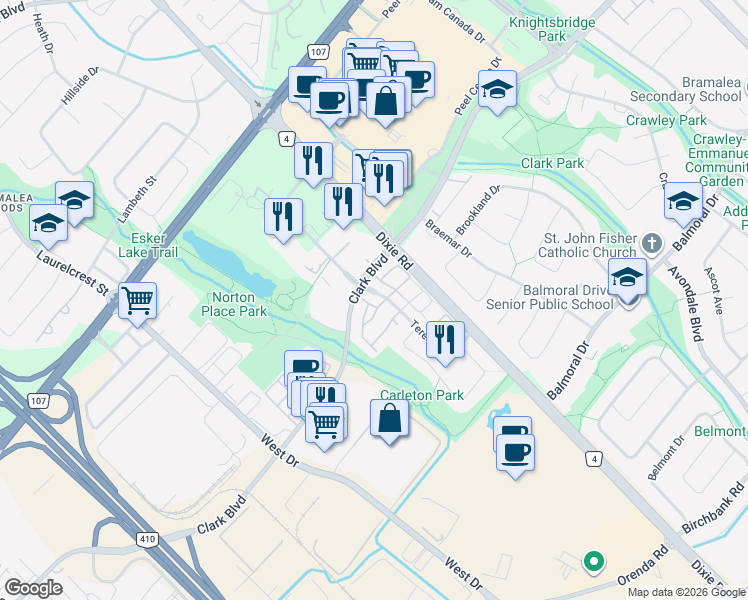 map of restaurants, bars, coffee shops, grocery stores, and more near in Brampton
