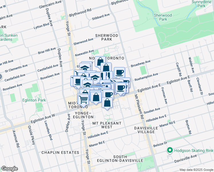 map of restaurants, bars, coffee shops, grocery stores, and more near 150 Roehampton Avenue in Toronto