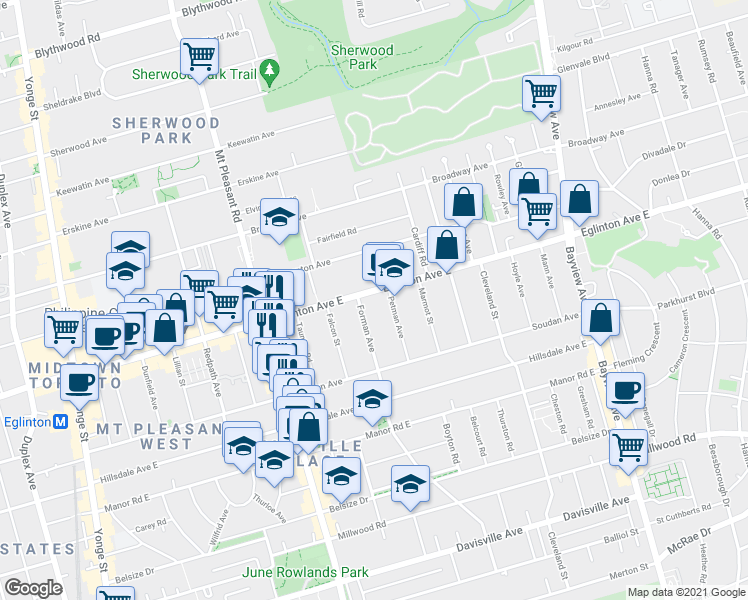 map of restaurants, bars, coffee shops, grocery stores, and more near 365 Eglinton Avenue East in Toronto